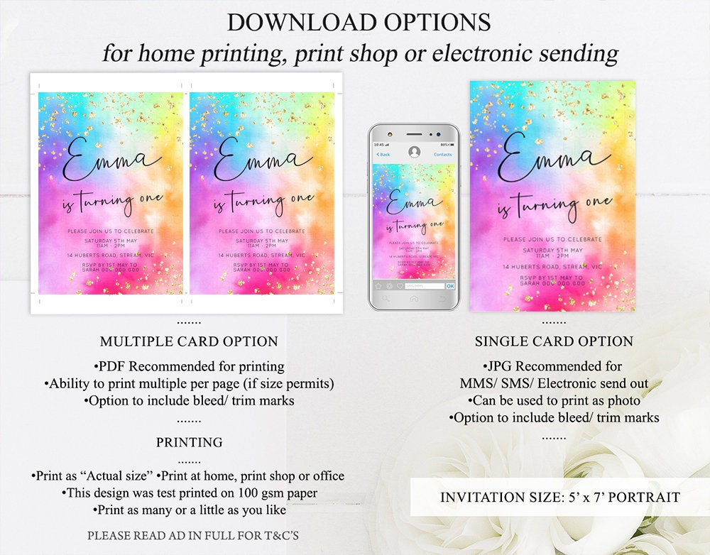 Rainbow Birthday Invitation Ombre Pastel Invitation Colorful Watercolor Splash Gold Glitter Sprinkles Tie Dye Printable Digital Invite 509