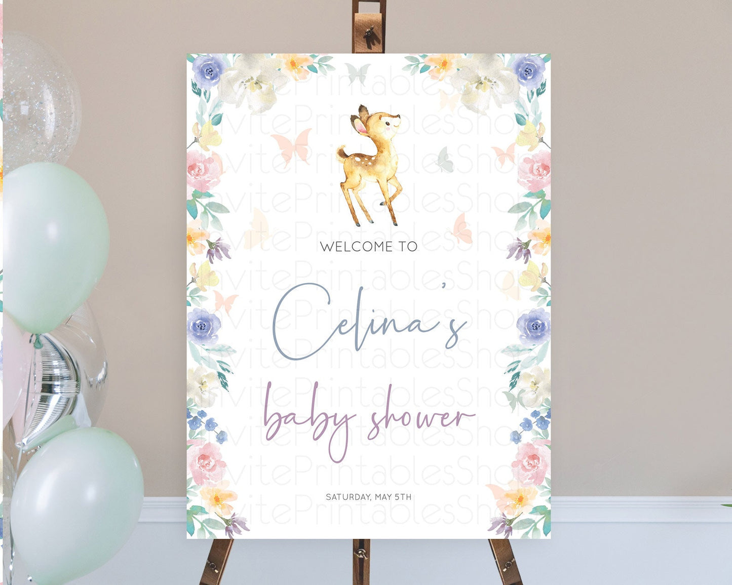 Fawn Baby Shower Welcome Sign Deer Welcome Board Floral Deer Welcome Poster Enchanted Forest Butterfly Pastel Floral Welcome Sign D11035