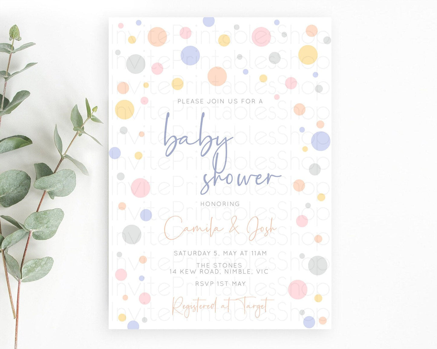 Pastel Rainbow Baby Shower Invitation, Colorful Confetti Sprinkles & Bubbles in Rainbow Soft Pink, Yellow, and Blue POP Invitation D10759