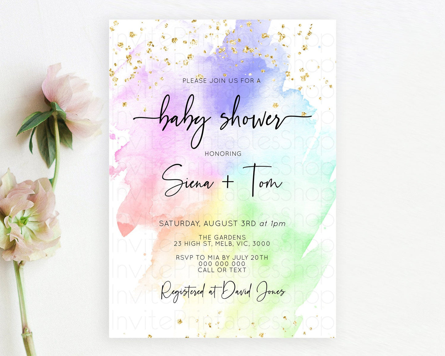 Pastel Baby Shower Invitation Rainbow Baby Shower Invitation Colorful Pastel Watercolor Invitation Gold Glitter Sprinkles Ombre D10316