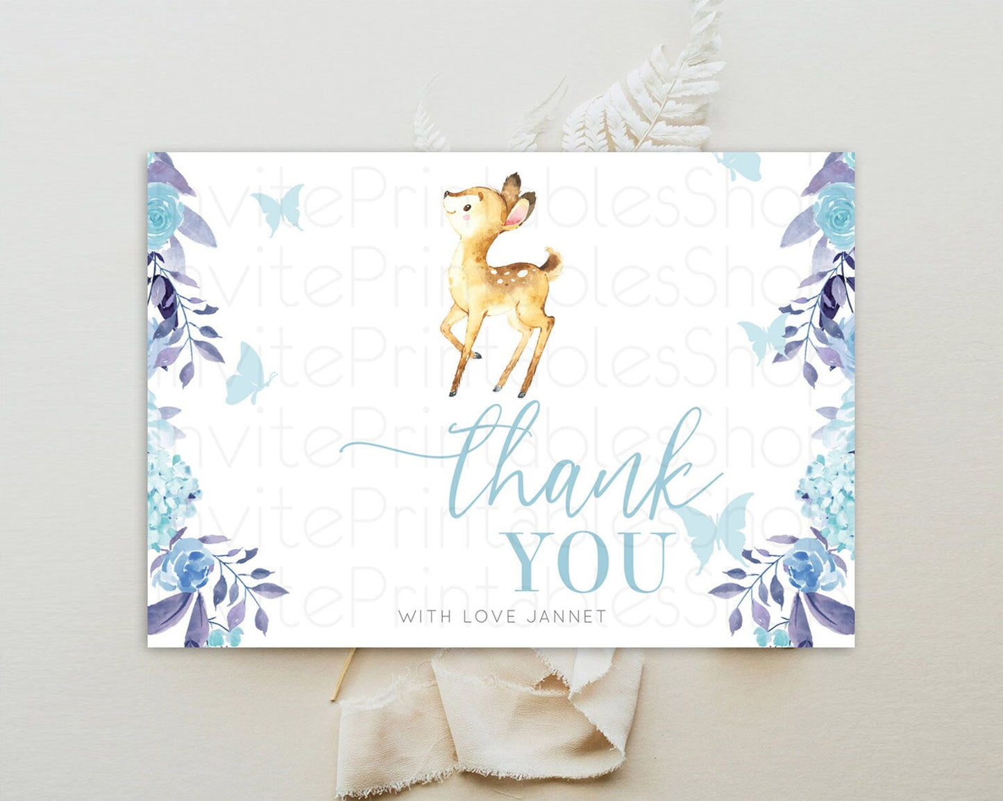 Fawn Thank You Deer Thank You Card Pastel Floral Deer Birthday Thank You Card Enchanted Forest Butterfly Deer Teacher Thank You Card D10917