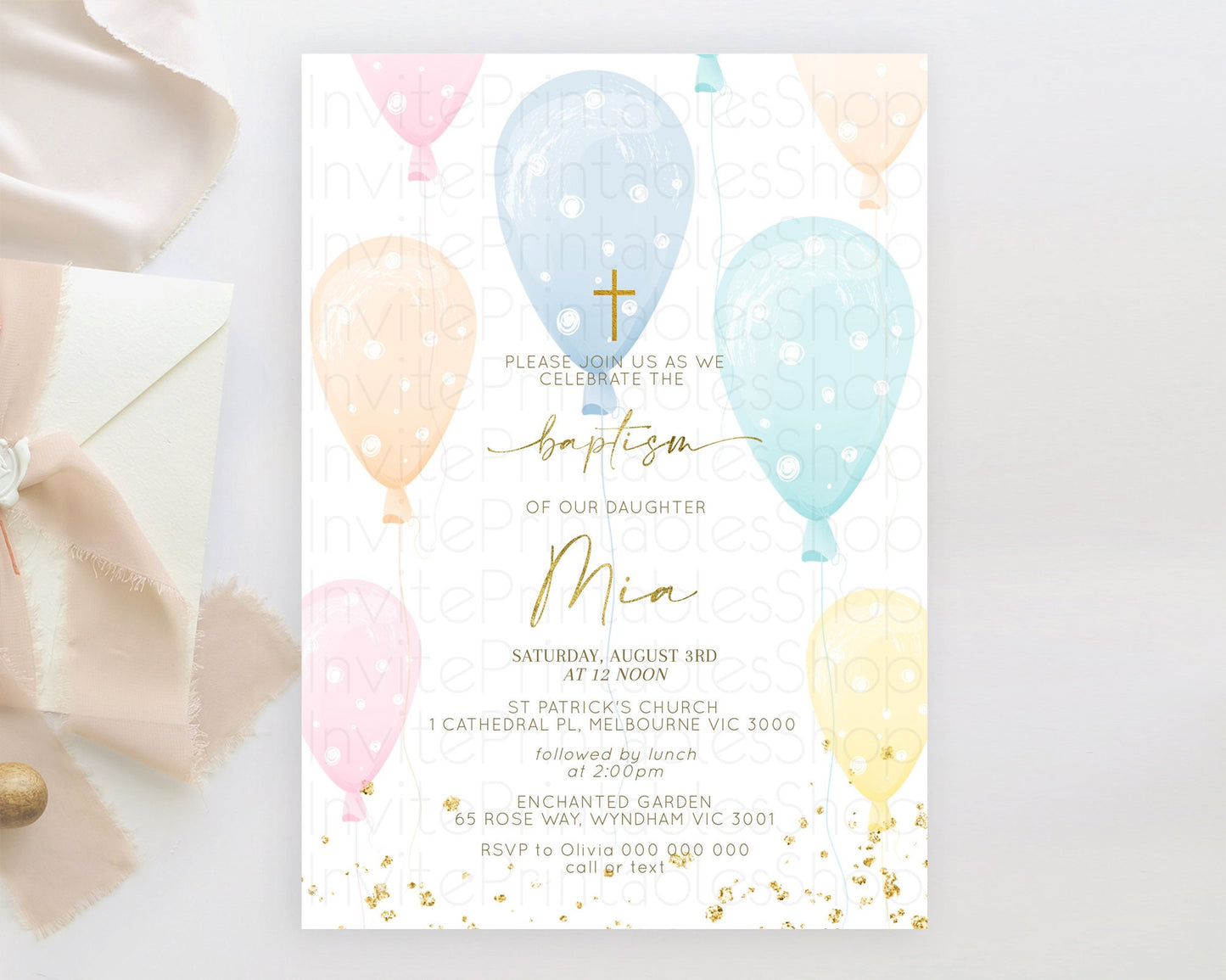 Balloon Baptism Invitation Pastel Baptism 1st Birthday Invitation Pastel Balloon Christening Invite Colorful Rainbow Balloon Invites D10182