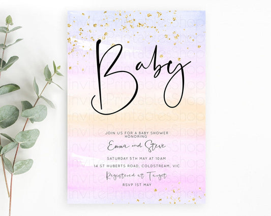 Pastel Baby Shower Invitation Rainbow Baby Shower Invitation Colorful Pastel Watercolor Invitation Gold Glitter Sprinkles Ombre D10594