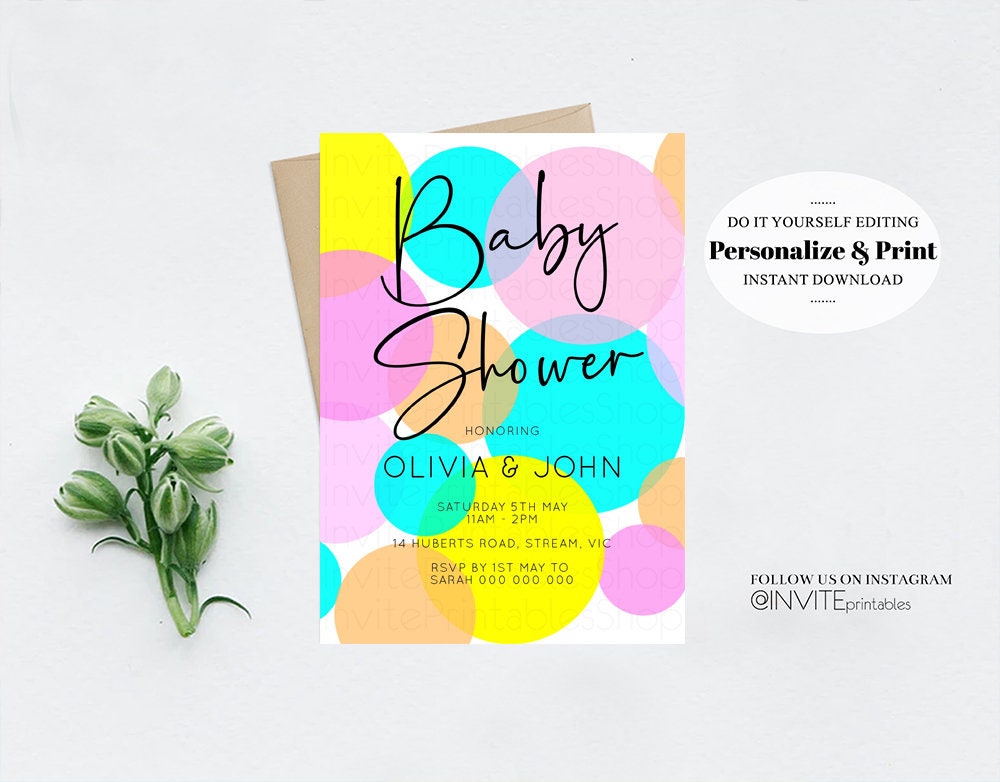 Pastel Baby Shower Invitation Colorful Rainbow Invitation Bubbles Confetti Sprinkles Oh Baby Gender Reveal Neutral Blue Pink Yellow Green