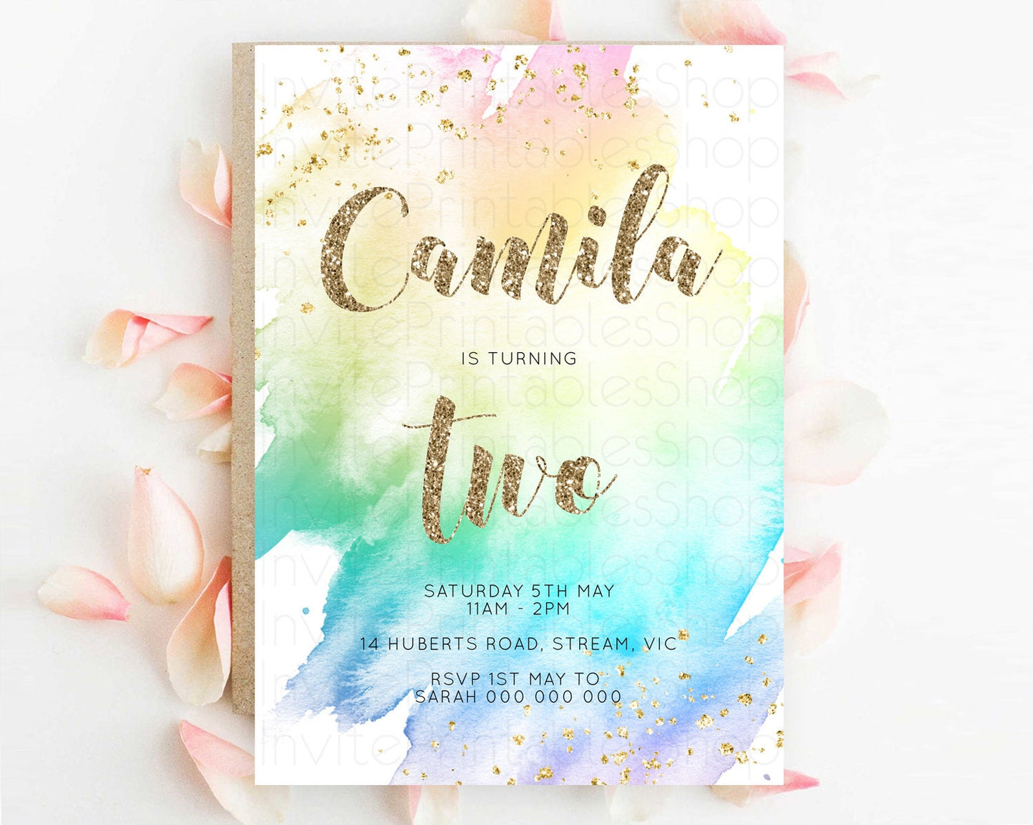 Rainbow Birthday Invitation Colorful Pastel Watercolor Invitation Gold Glitter Sprinkles Ombre Pastel 1st 2nd 3rd Birthday D10259