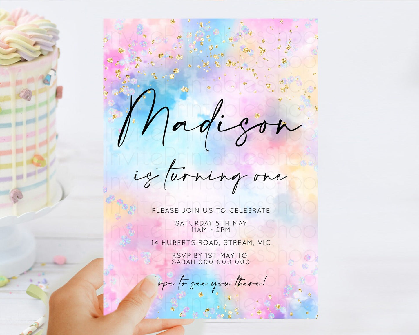 Rainbow Birthday Invitation Colorful Pastel Watercolor Invitation Gold Glitter Sprinkles Ombre Pastel 1st 2nd 3rd Birthday D10607