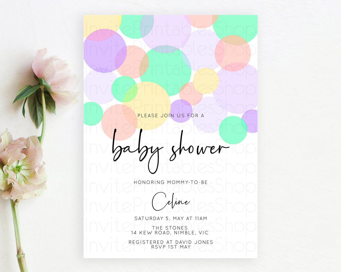 Pastel Rainbow Baby Shower Invitation Pastel Confetti Invitation Sprinkles Bubbles Invitation Colorful Rainbow Confetti Theme D10380