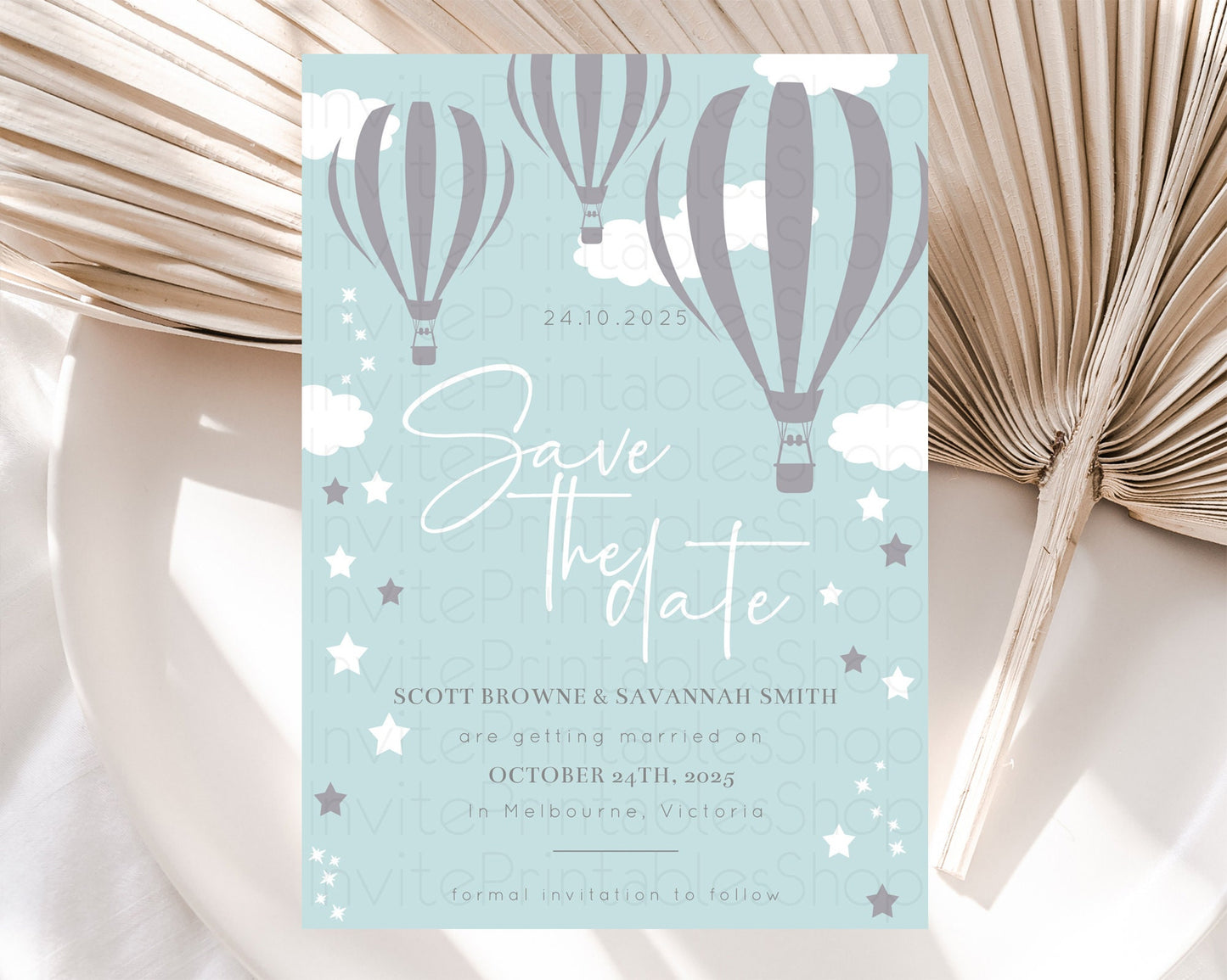 Hot Air Balloon Save The Date Template Adventure Awaits Mr. ONEderful Party 1st Birthday Baptism Baby Shower D10324