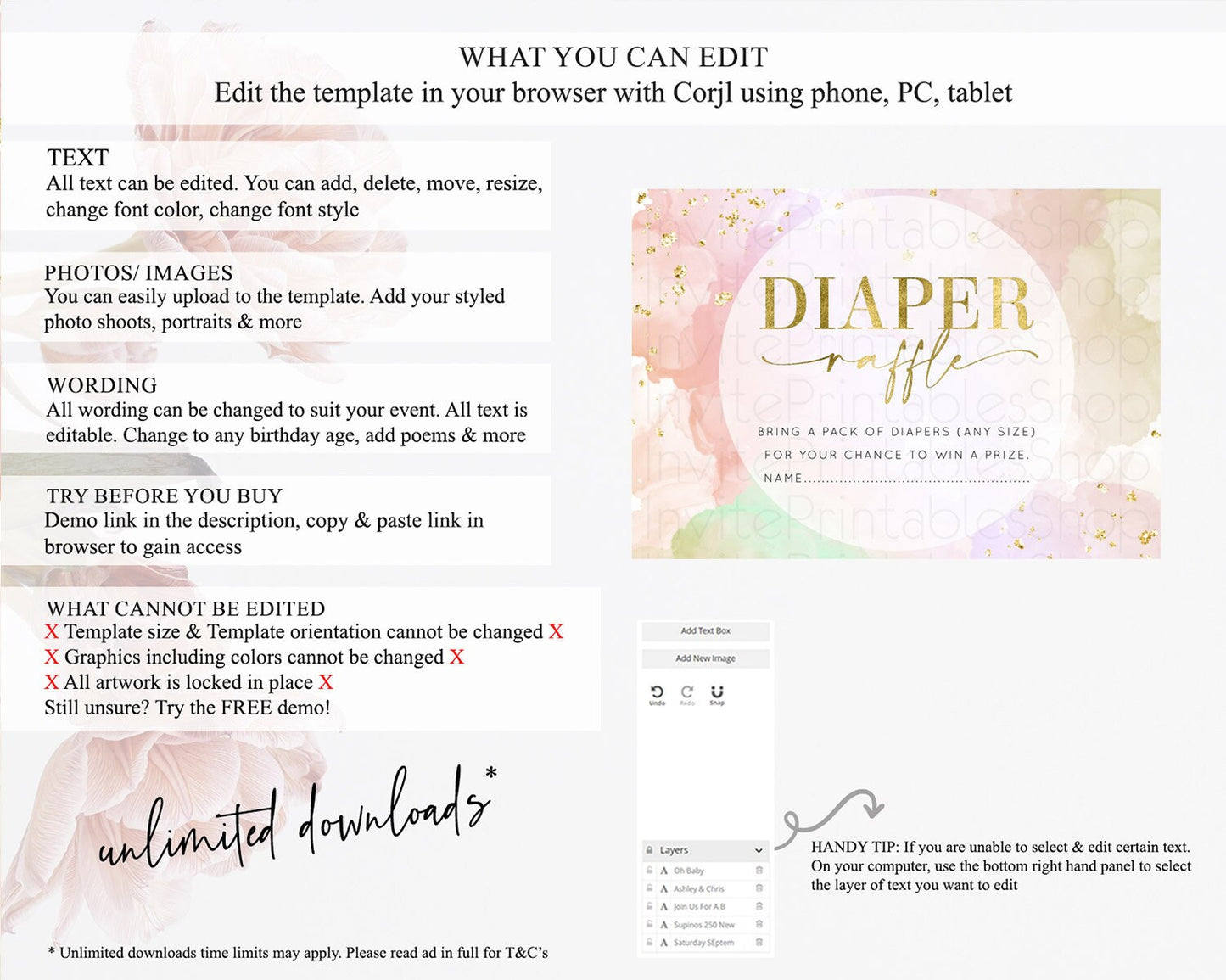 Pastel Diaper Raffle Card Pastel Rainbow Diaper Raffle Insert Colorful Ombre Watercolor Diaper Ticket Confetti Glitter Raffle Game D10627