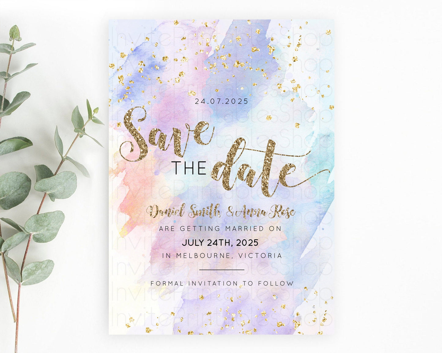 Pastel Save The Date Template Pastel Ombre Rainbow Watercolor Colorful Party For Birthday Baptism Baby Shower Wedding Bridal Shower D10583