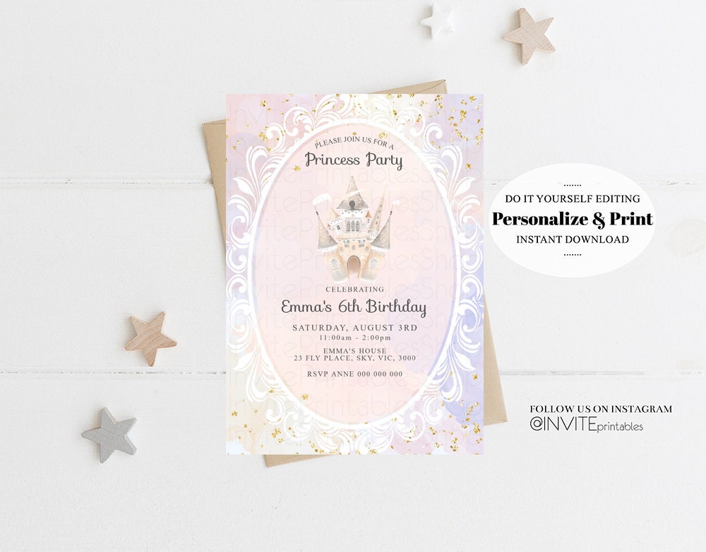 Princess Birthday Invitation Enchanted Castle Invite Royal Celebration Watercolor Mirror Mirror Gold Foil Glitter Purple Editable