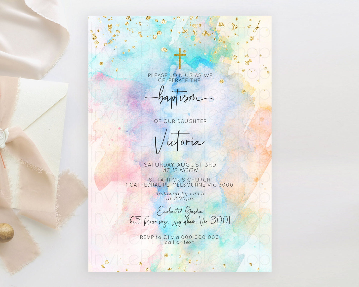 Pastel Baptism Invitation Pastel Colors Watercolor Baptism 1st Birthday Party Gold Ombre Pastel Rainbow Christening Holy Communion D10260