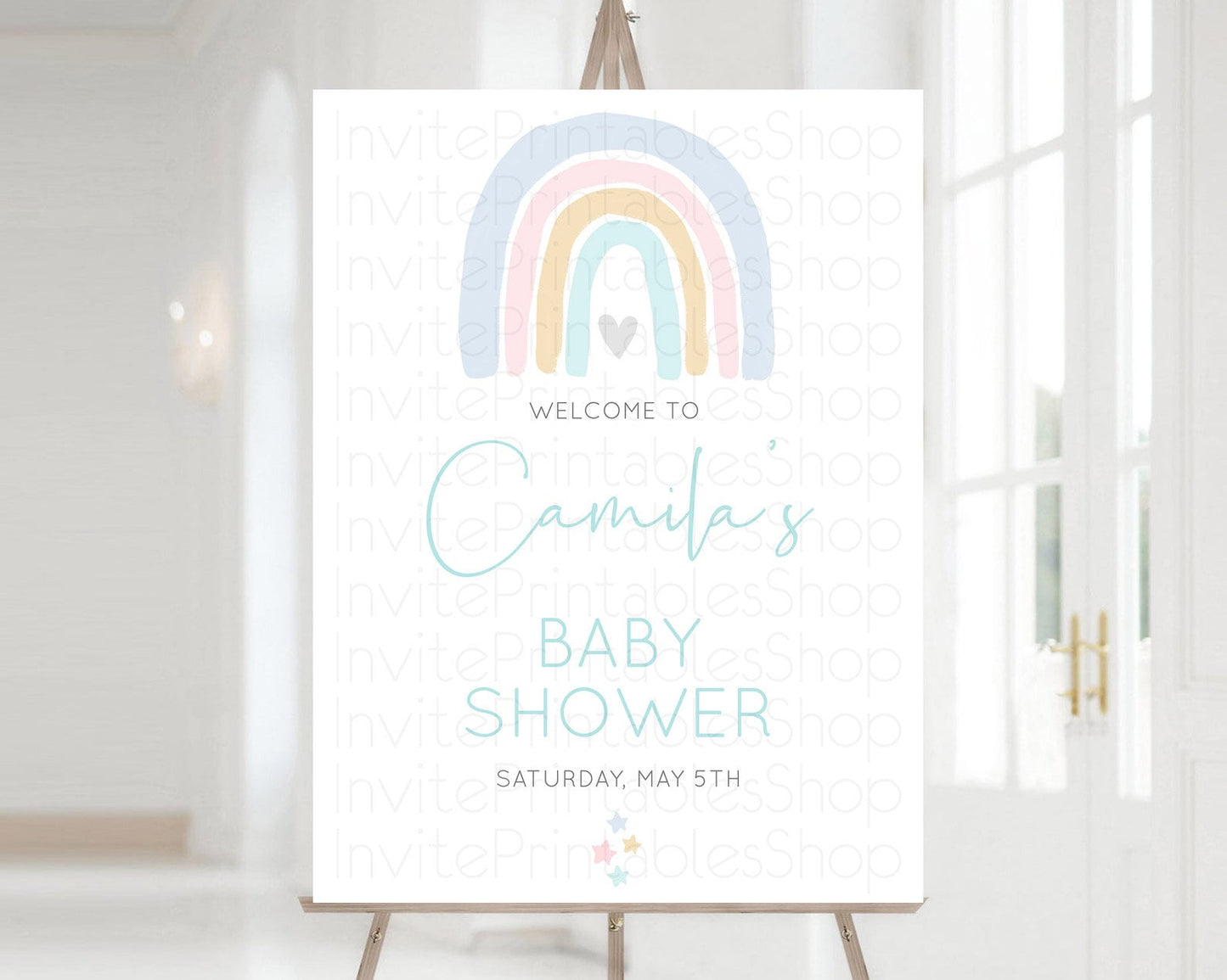 Editable Pastel Rainbow Baby Shower Welcome Sign Boho Rainbow Welcome Board