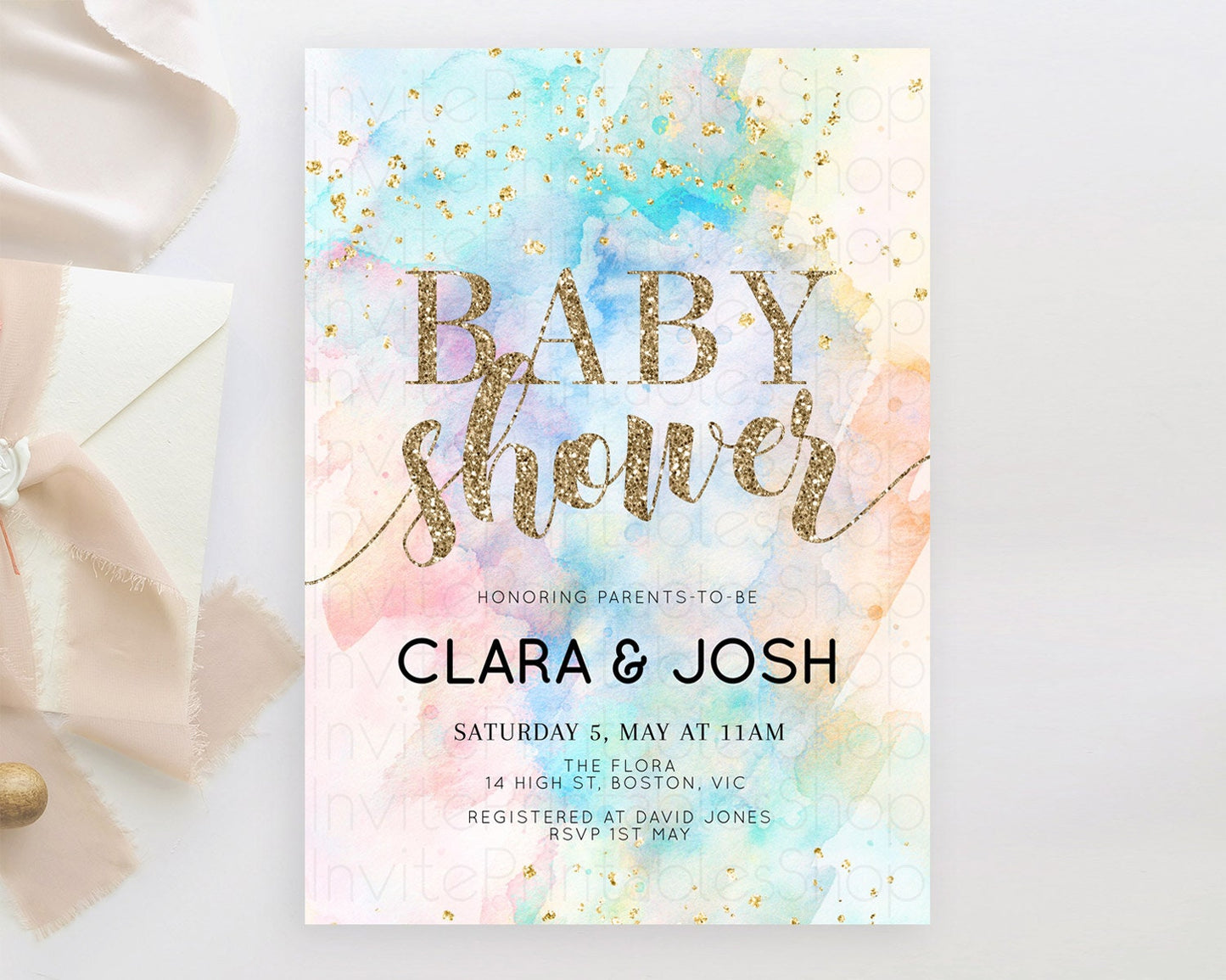 Pastel Rainbow Baby Shower Invitation, Pastel Watercolor, Colorful Ombre Splash with Gold Glitter - Teal Blue, Orange, Yellow Pink D10261