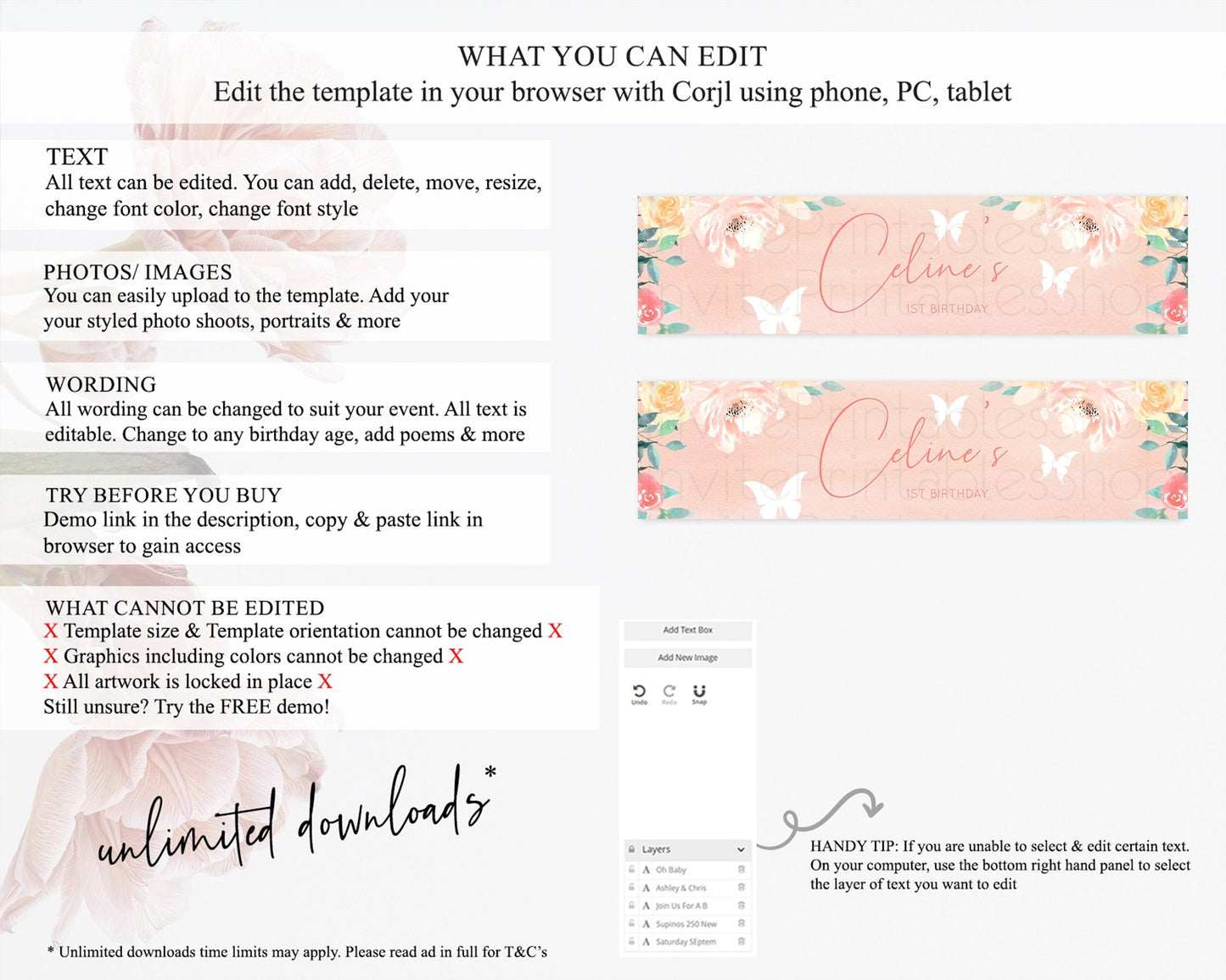 Wildflower Water Label Template Secret Garden Water Label Pastel Floral Garden Party Decor Boho Flowers Birthday Baby Shower Wedding D10245