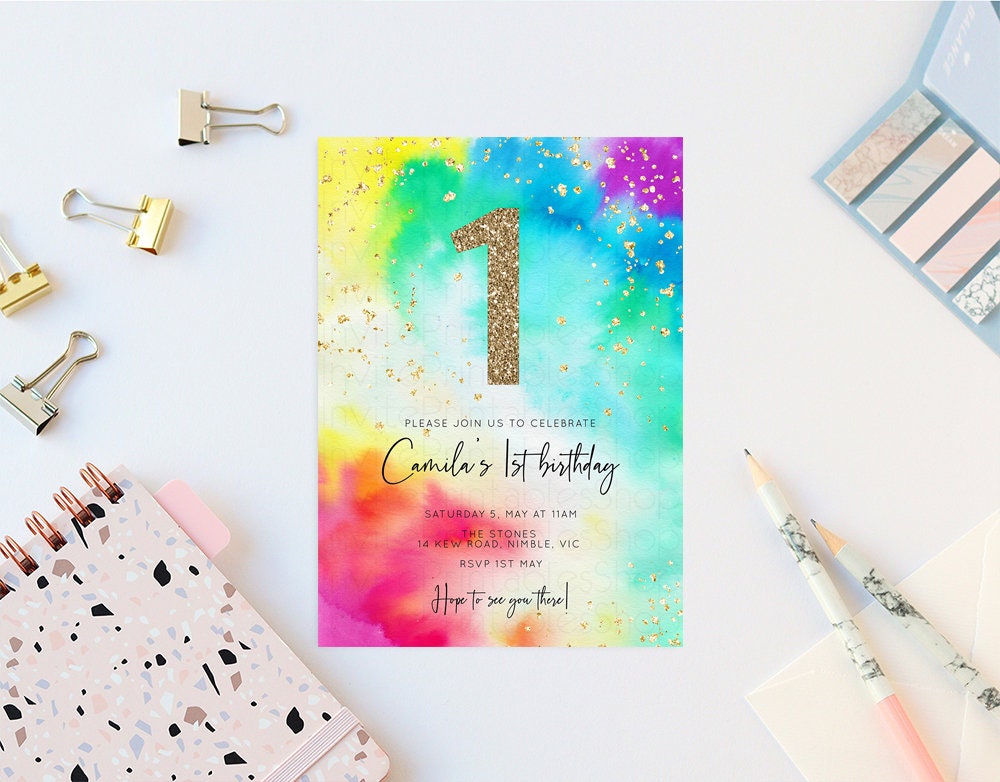 Tie Dye Rainbow Birthday Invitation Colorful Pastel Invitation Ombre Watercolor Invite Splash Gold Glitter Sprinkles Invite