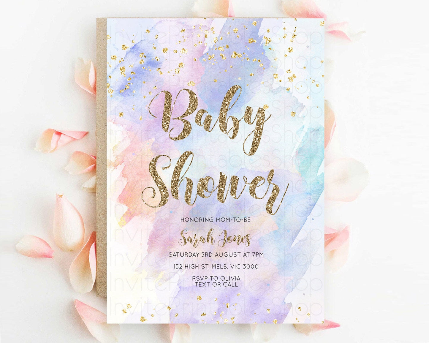 Pastel Baby Shower Invitation Rainbow Baby Shower Invitation Colorful Pastel Watercolor Invitation Gold Glitter Sprinkles Ombre D10583