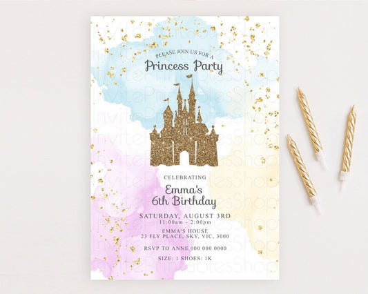 Princess Birthday Invitation Princess Invitation Pastel Invitation Royal Birthday Rainbow Color Enchanted Castle 1st First Birthday D10154