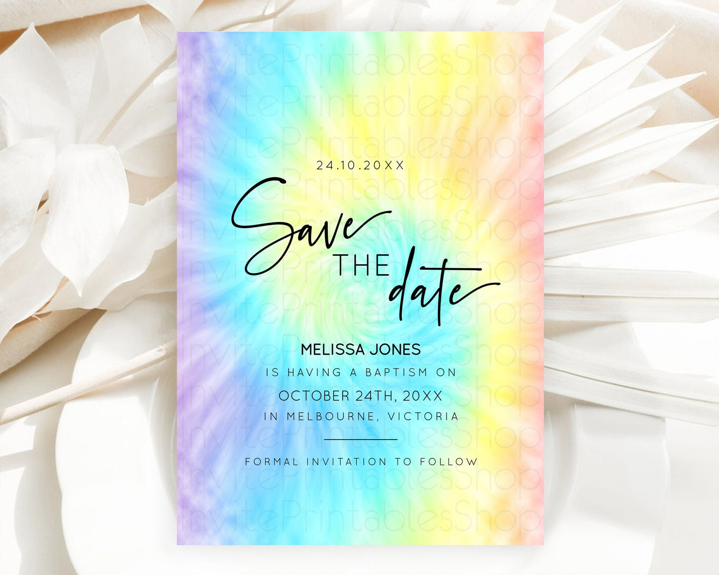 Tie Dye Save The Date Template Rainbow Pastel Ombre Watercolor Party For 1st Birthday Baptism Baby Shower Bridal Shower Wedding D10578