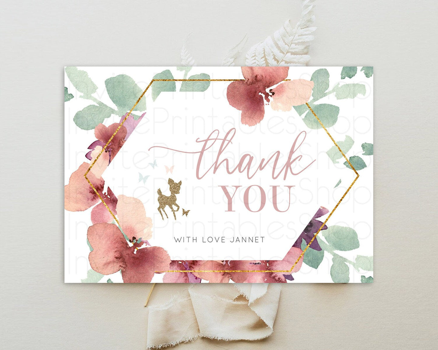 Fawn Thank You Deer Thank You Card Pastel Floral Deer Birthday Thank You Card Enchanted Forest Butterfly Deer Teacher Thank You Card D10459