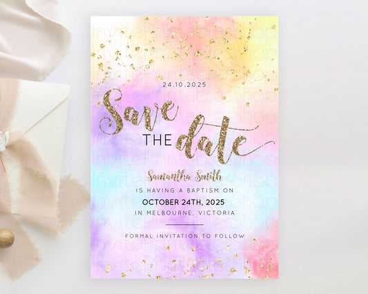 Editable Pastel Save The Date Template Pastel Ombre Rainbow Watercolor Color