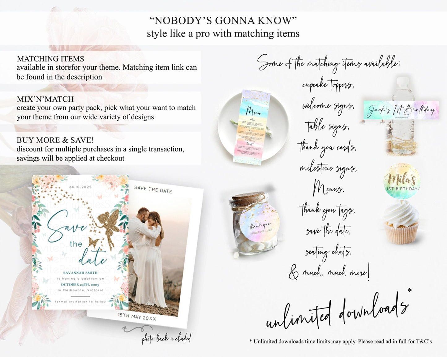 Fairy Save The Date Template Enchanted Garden Pastel Floral Butterfly Party Secret Garden Birthday Baptism Baby Shower Bridal Shower D10239
