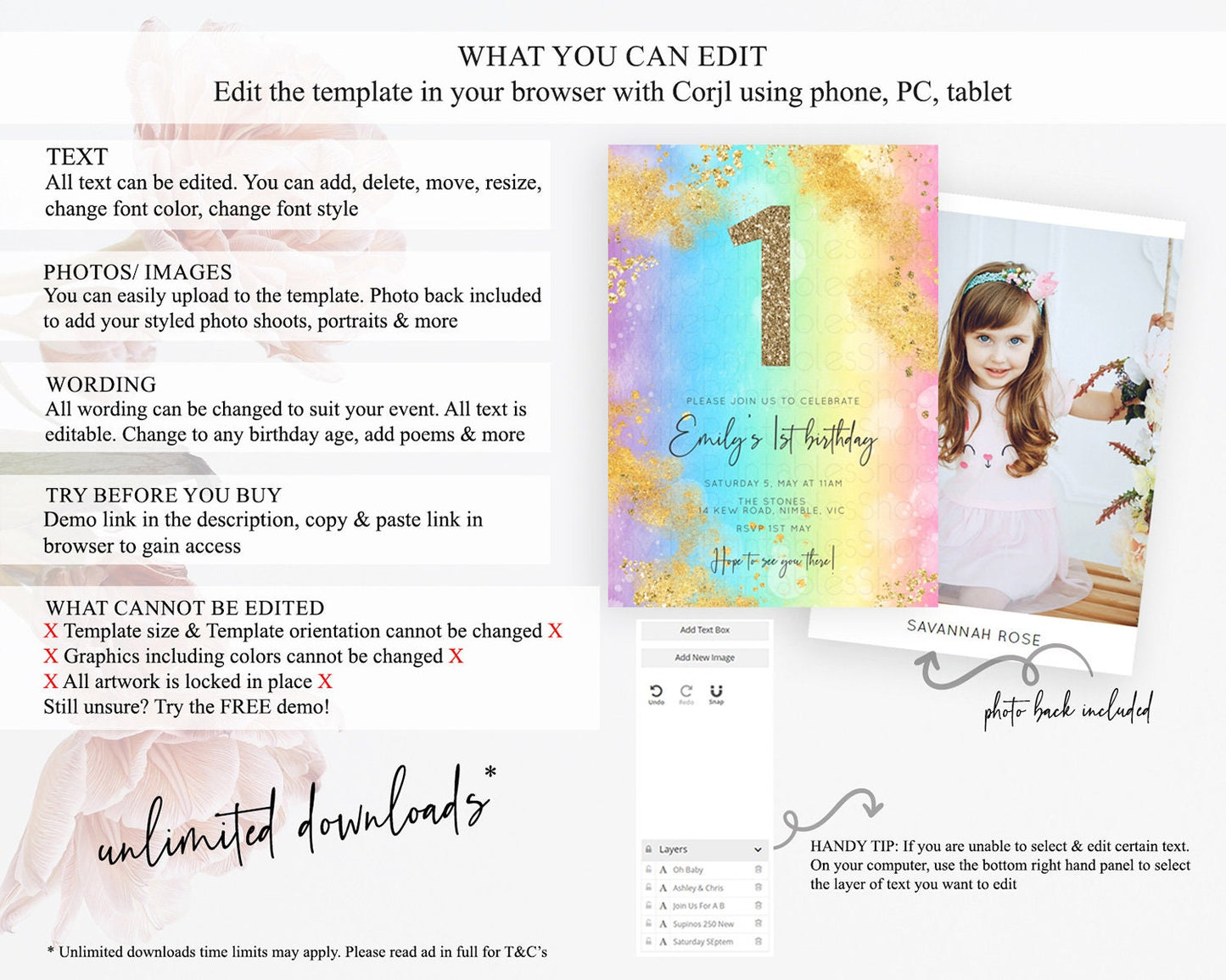 Rainbow Birthday Invitation Colorful Pastel Watercolor Invitation Gold Glitter Sprinkles Ombre Pastel 1st 2nd 3rd Birthday D10559