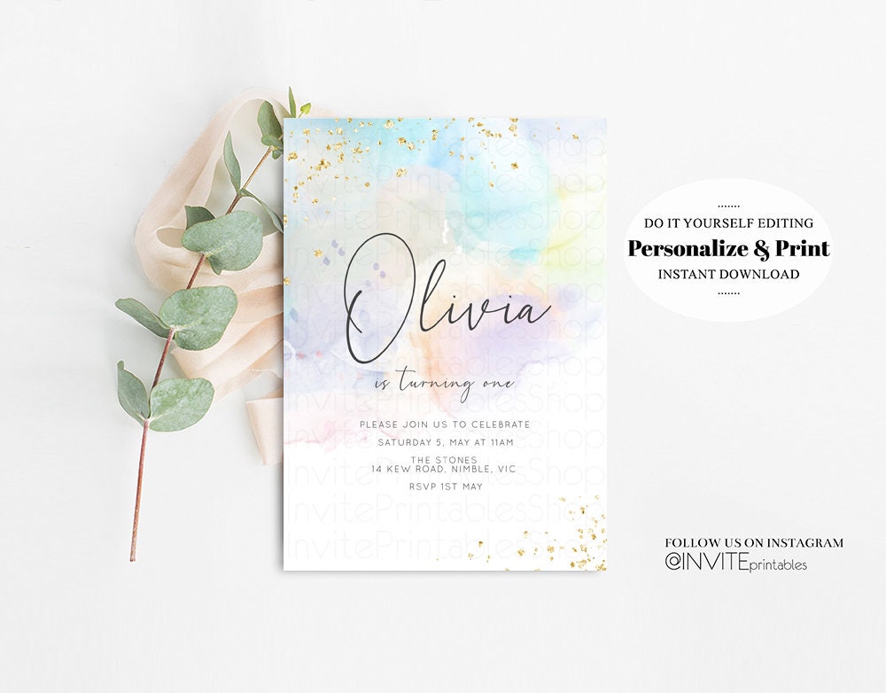 Watercolor Birthday Invitation Colorful Pastel Rainbow Splash Ombre Ink Paint Purple Blue Yellow Modern Simple Custom Printable 136