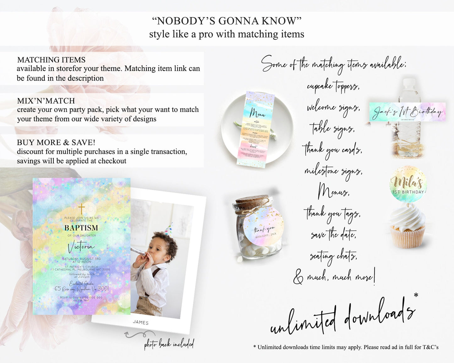 Rainbow Baptism Invitation Colorful Pastel Watercolor Baptism 1st Birthday Invitation Iridescent Glitter Sprinkles Ombre Christening D10689