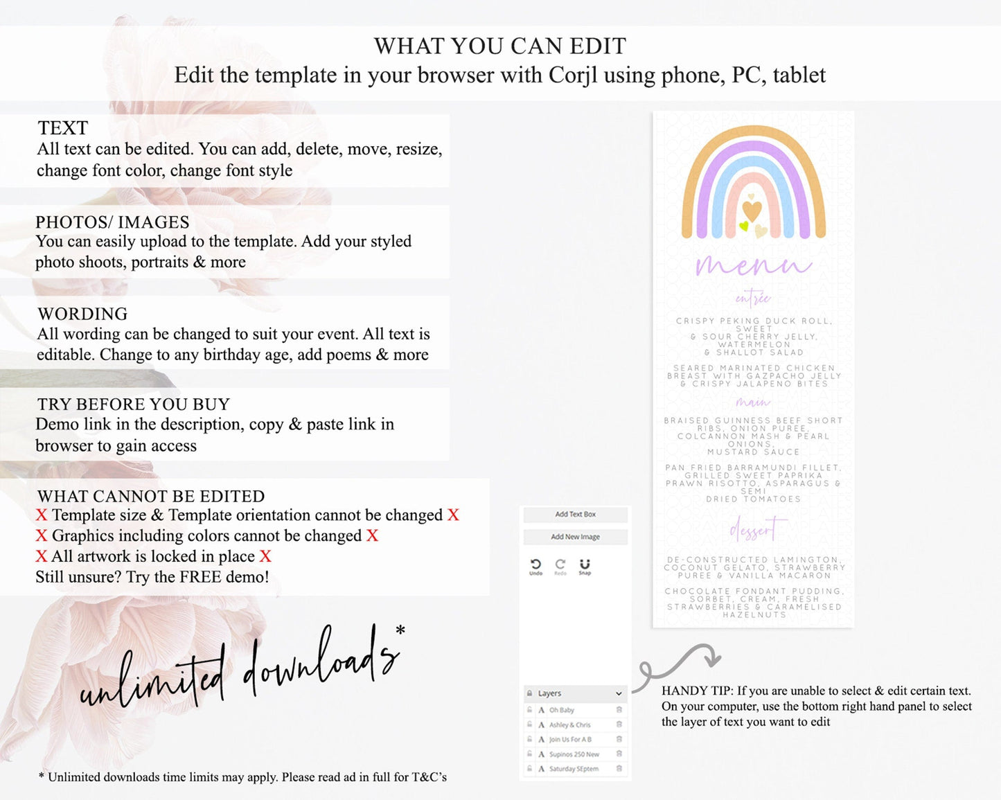 Pastel Rainbow Menu Boho Rainbow Menu Template Rainbow Boho Table Decor Pastel Rainbow Dinner Dessert Menu Rainbow Party Food Menu D10238