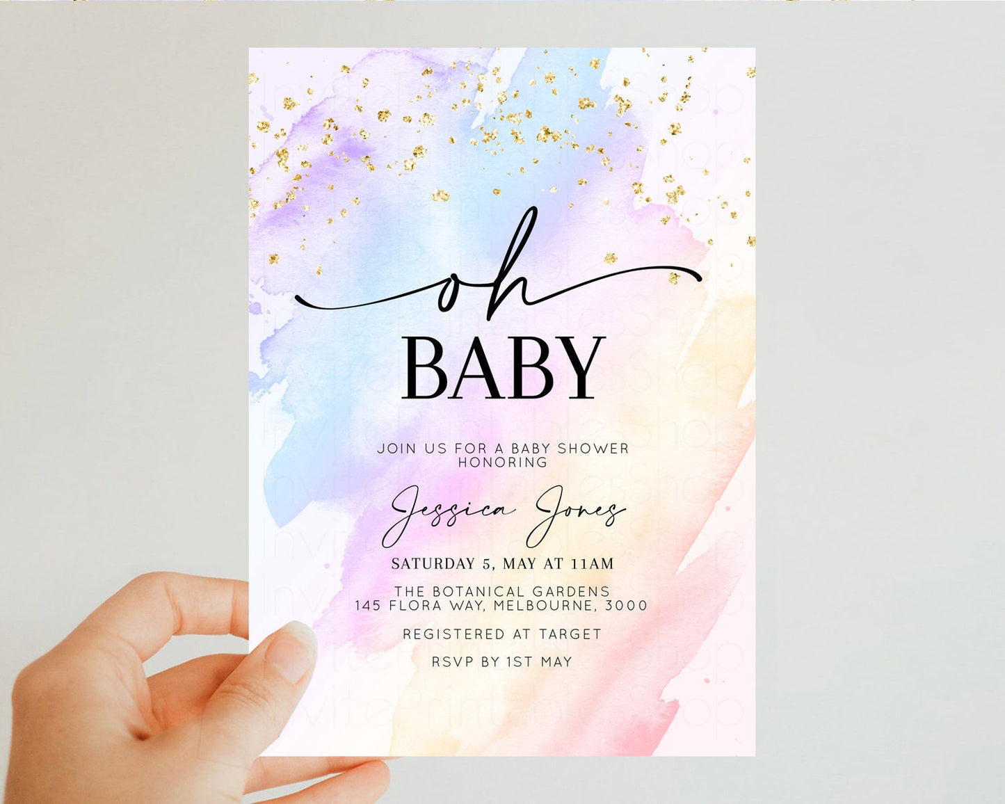 Rainbow Baby Shower Invitation Pastel Baby Shower Invitation Watercolor Ombre Invitation Rainbow Pastel Colors Invite Glitter Confetti t600