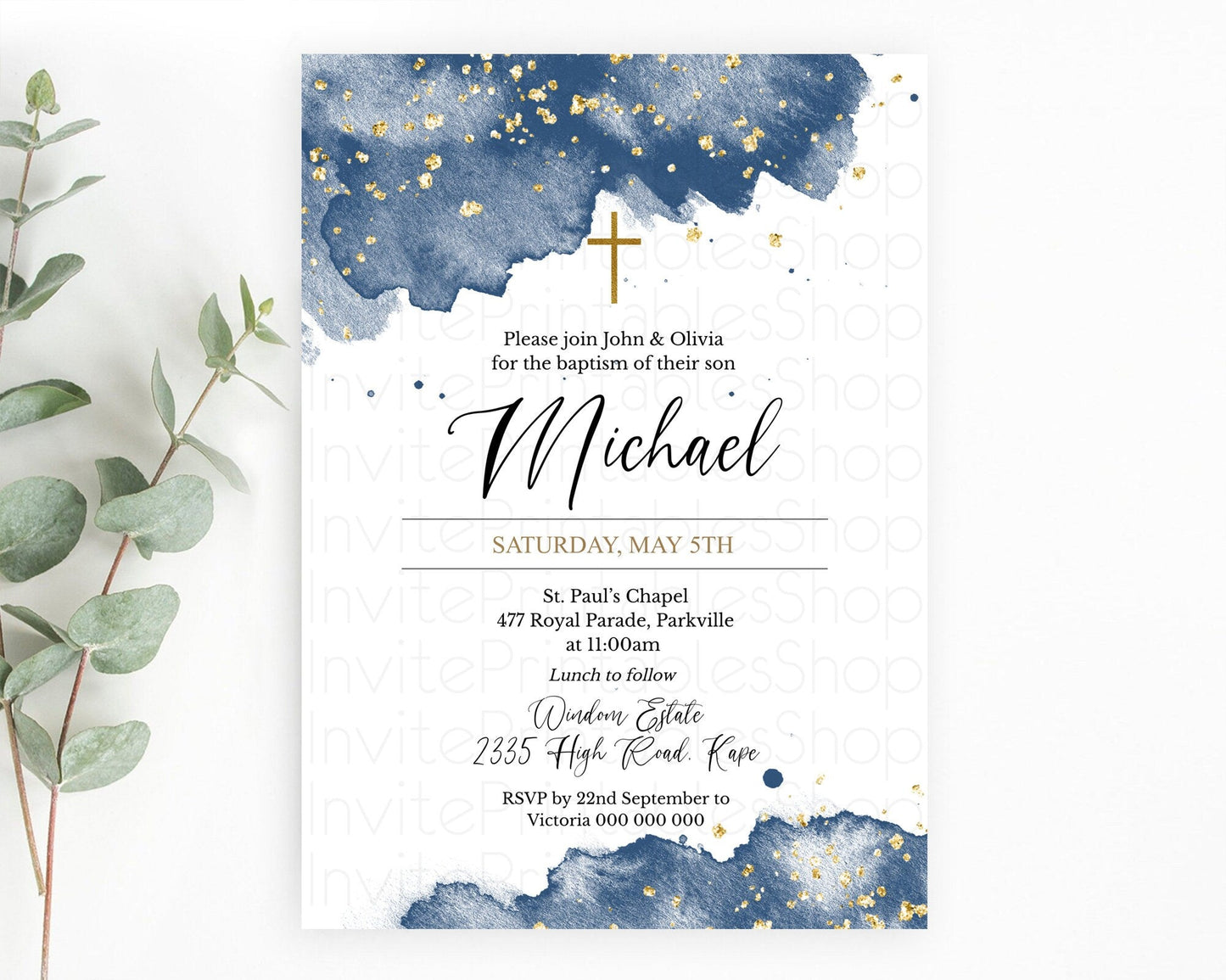 Blue Baptism Invitation Blue Watercolor Baptism 1st Birthday Invitation Pastel Blue Watercolor Christening Invite Blue Splash D10312