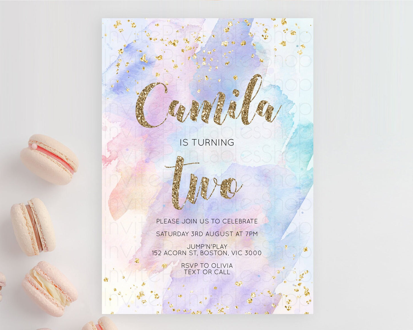 Rainbow Birthday Invitation Colorful Pastel Watercolor Invitation Gold Glitter Sprinkles Ombre Pastel 1st 2nd 3rd Birthday D10583