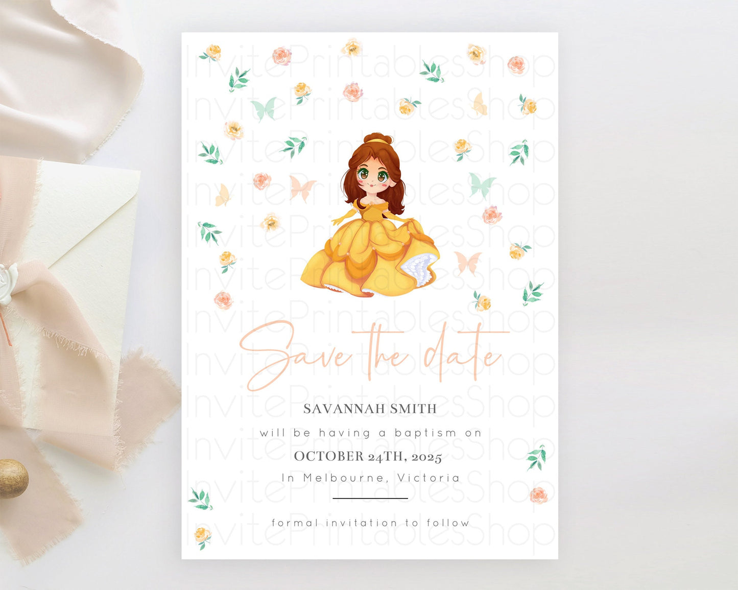 Princess Save The Date Template Secret Garden Enchanted Castle Pastel Floral Royal Party For 1st Birthday Baptism Baby Shower D10890