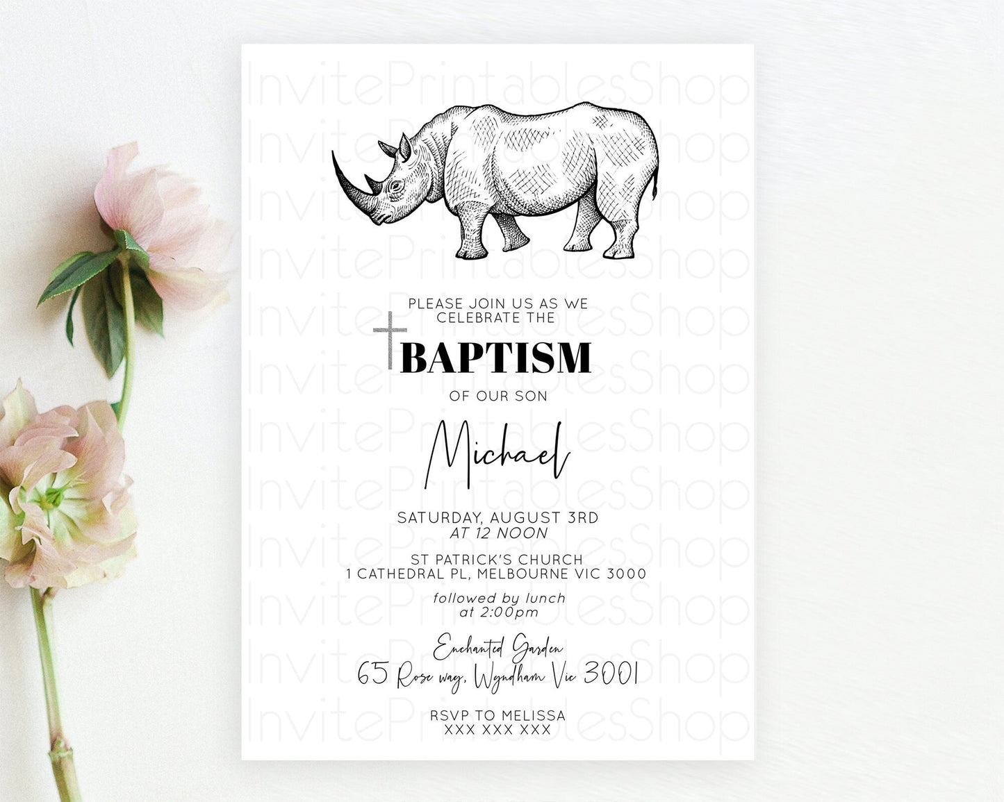 Rhino Baptism Invitation Rhino Baptism 1st Birthday Invitation Rhino Safari Adventure Christening Invitation Palm Leaf Invite Zoo D10253