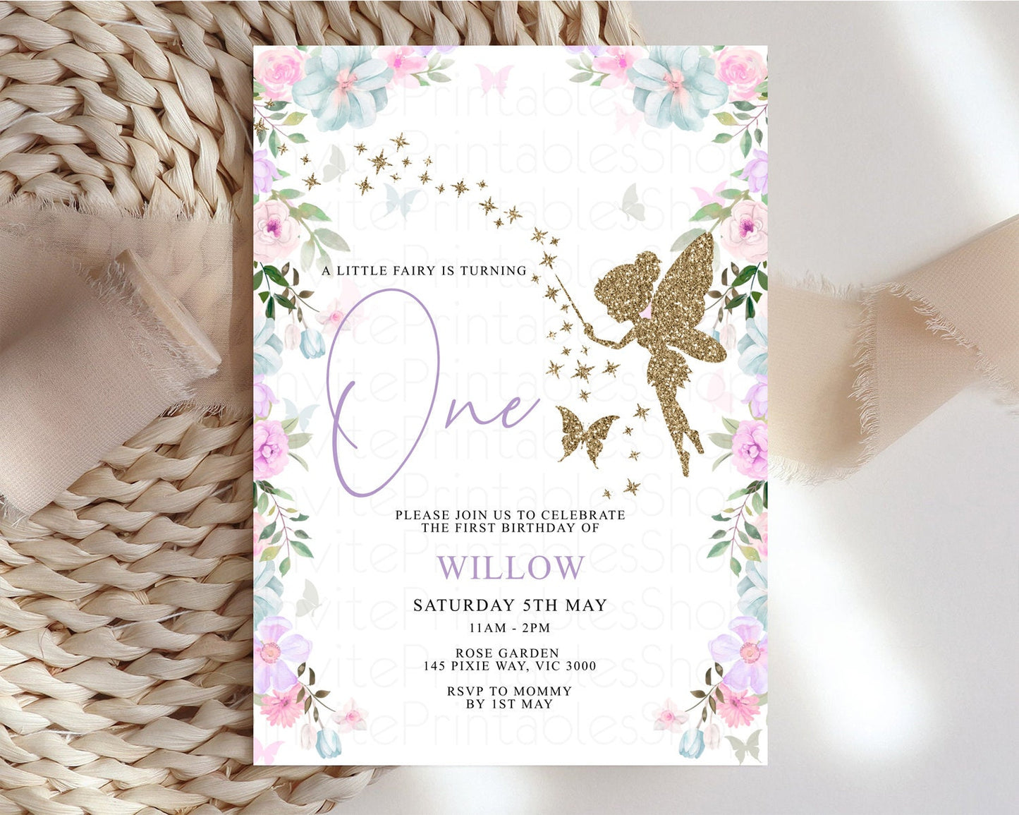 Fairy Birthday Invitation Glitter Fairy Invitation Enchanted Garden Invite Secret Garden Pastel Floral Invite Butterfly 1st 2nd 3rd 513V3