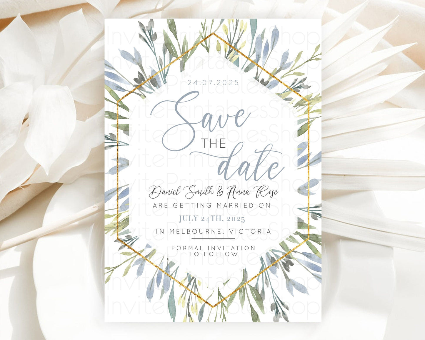 Green Leafy Save The Date Template Eucalyptus Fern Leaves Watercolor Boho Garden Leaf Branch Party 1st Birthday Baptism Baby Shower D10532