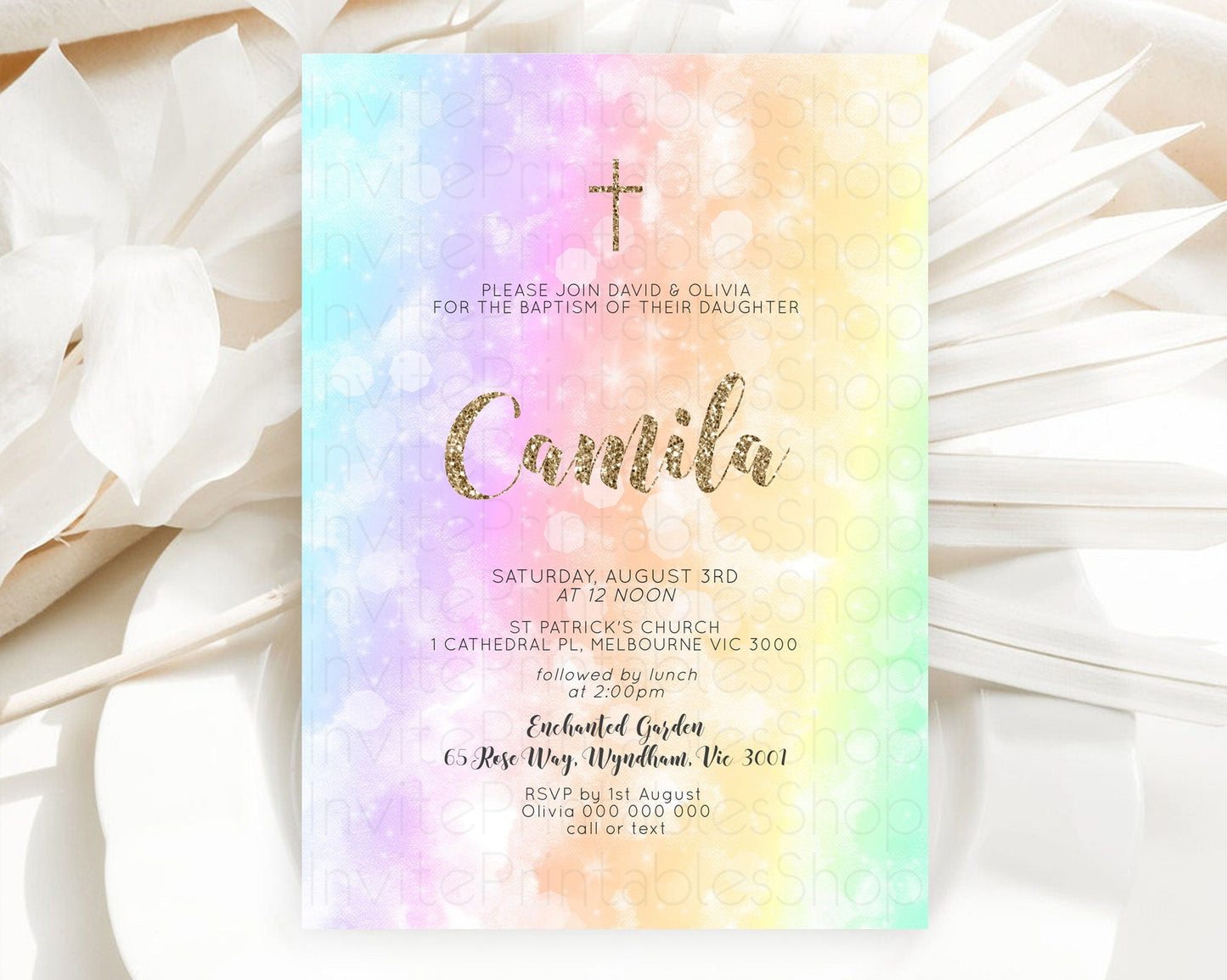 Pastel Baptism Invitation Pastel Colors Watercolor Baptism 1st Birthday Party Gold Ombre Pastel Rainbow Christening Holy Communion D10648