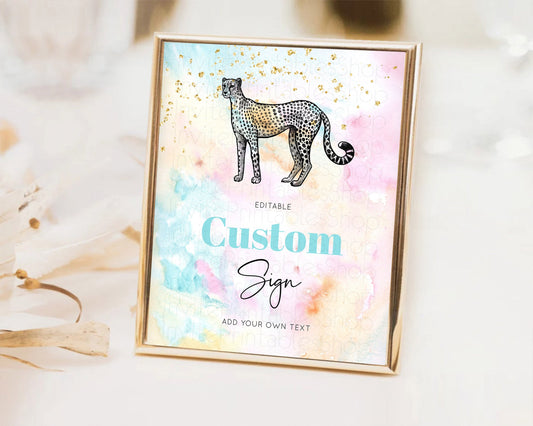 Pastel Cheetah Sign Colorful Table Sign Decor Rainbow Watercolor Cheetah Party Sign Template Cheetah Birthday Baptism Baby Shower D10289