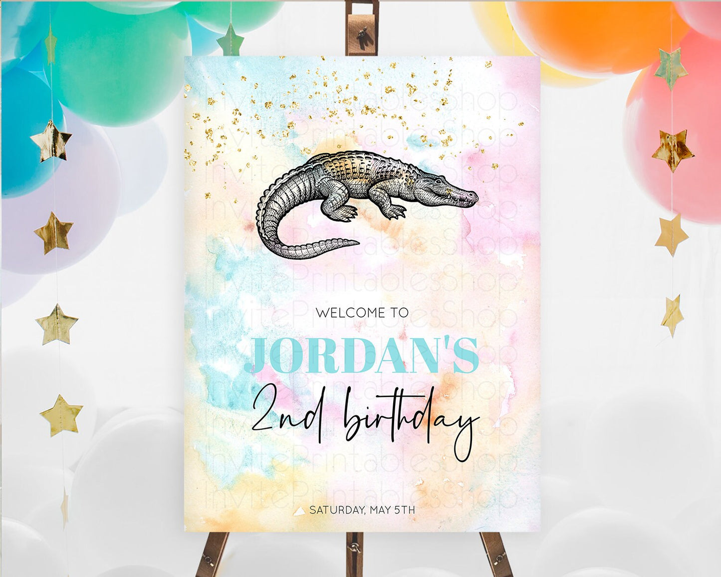 Pastel Crocodile Welcome Sign Pastel Alligator Welcome Board Safari Colorful Watercolor Rainbow First Birthday Welcome Sign D10285