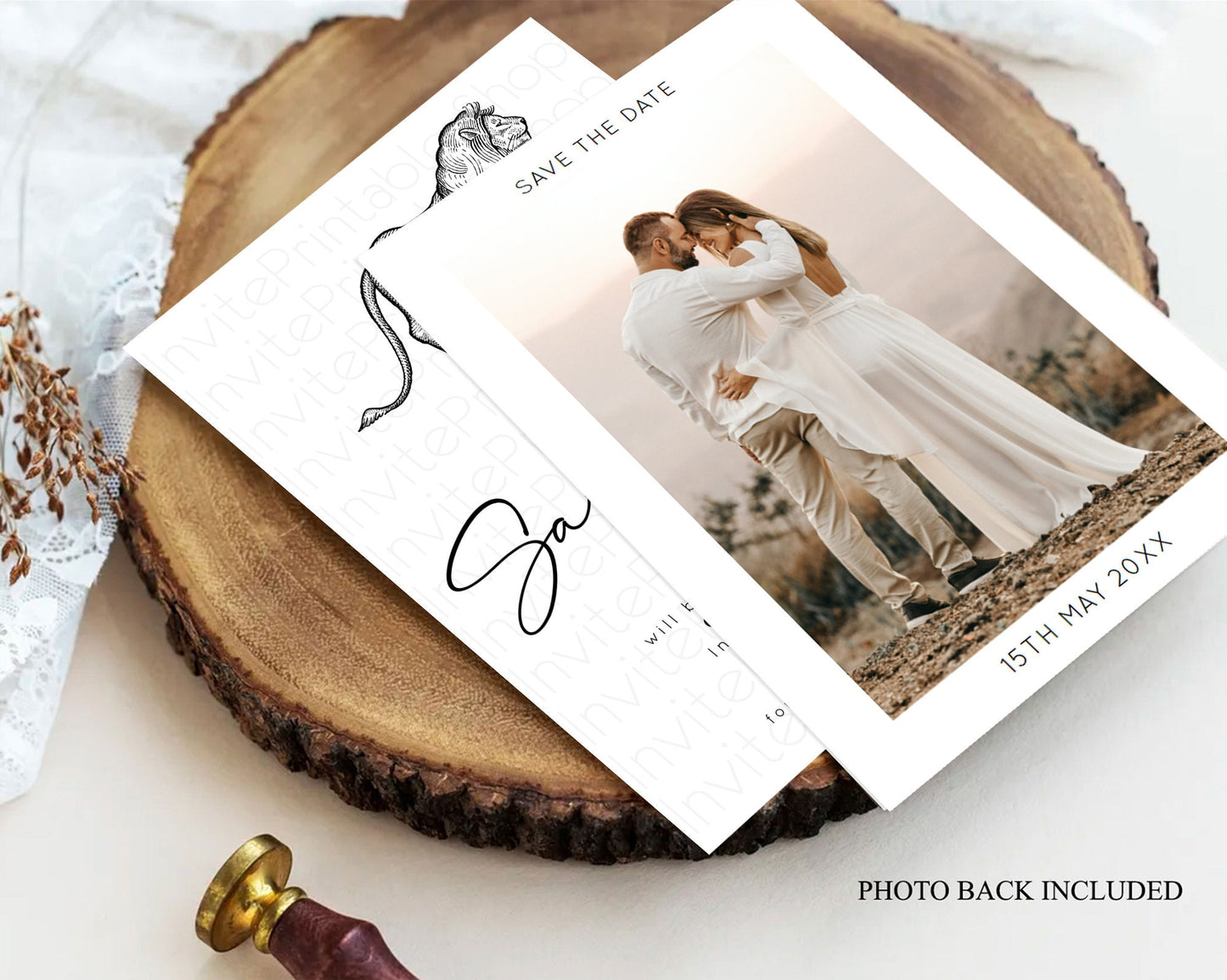 Lion Save The Date Template Lion Safari Adventure Party Dried Palm Ferns Zoo 1st Birthday Baptism Baby Shower Bridal Shower Wedding D10246