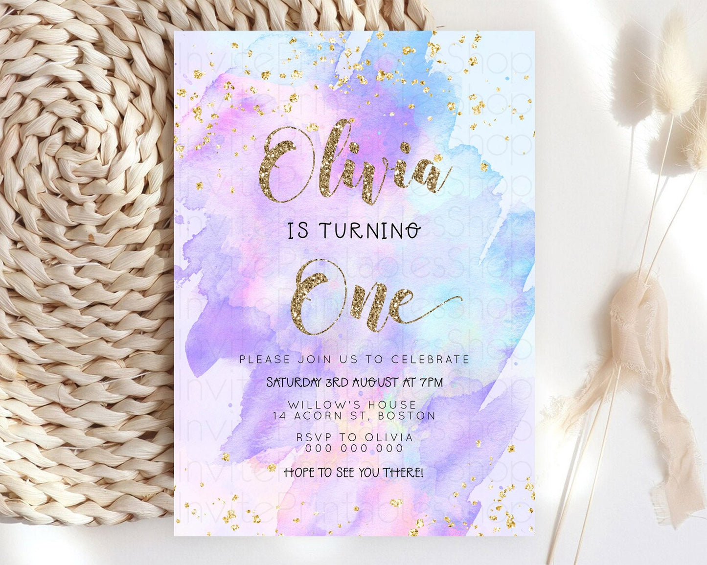 Rainbow Birthday Invitation Colorful Pastel Watercolor Invitation Gold Glitter Sprinkles Ombre Pastel 1st 2nd 3rd Birthday D23296