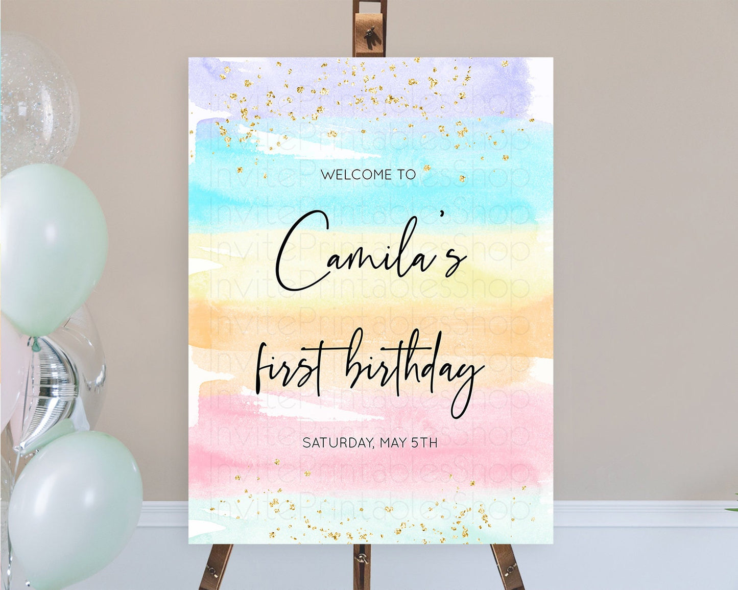 Pastel Welcome Sign Pastel Rainbow Welcome Sign Colorful Rainbow Confetti Watercolor Glitter Pastel First Birthday Welcome Sign D10505