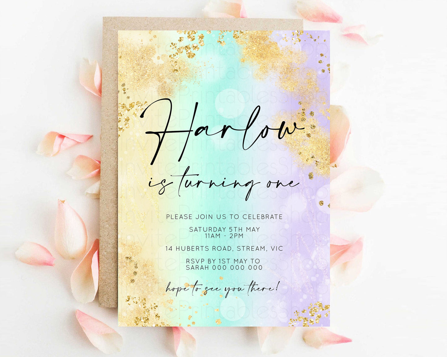 Rainbow Birthday Invitation Pastel Birthday Invite Ombre Watercolor Invite Enchanted Theme Colorful Splash Glitter Sprinkles 1st 2nd 3rd