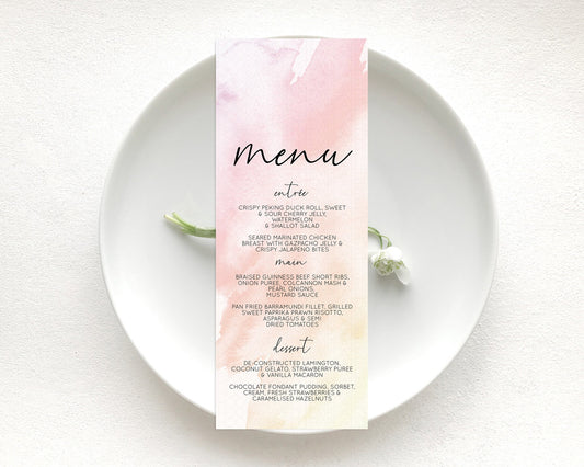 Pink Menu Pink Watercolor Menu Template Pastel Pink Table Décor Pink Watercolor Splash Dinner Dessert Pink Party Food Menu D10164