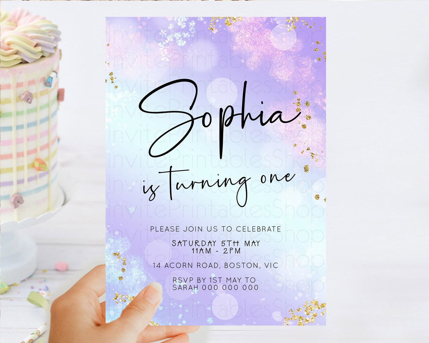 Pastel Birthday Invitation Ombre Watercolor Birthday Invitation Glitter Rainbow Color Splash 1st 2nd 3rd Birthday Invitation D23100