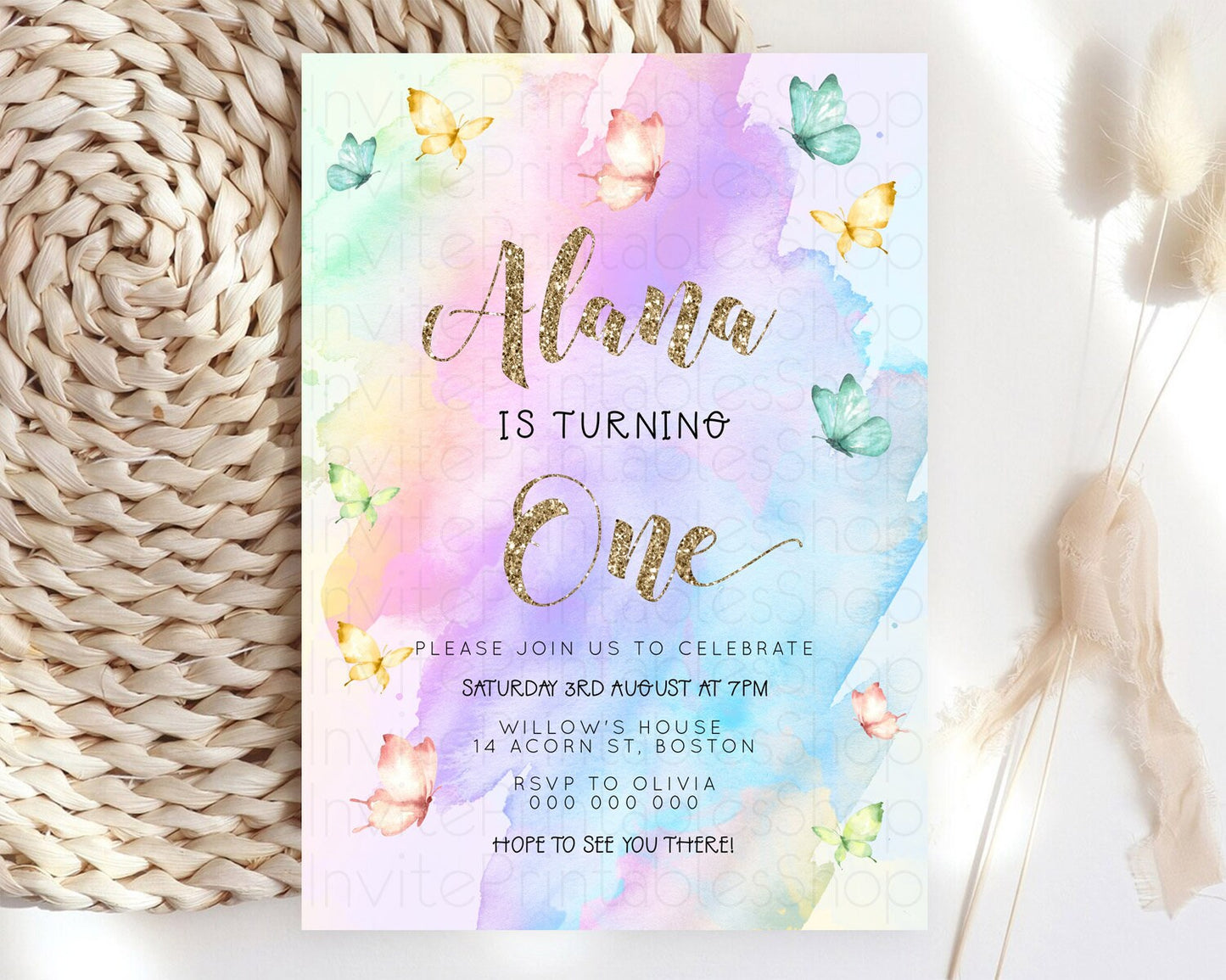 Pastel Butterfly Birthday Invitation Butterfly Birthday Invitation Colorful Splash Glitter Butterfly Garden 1st 2nd Birthday D23248