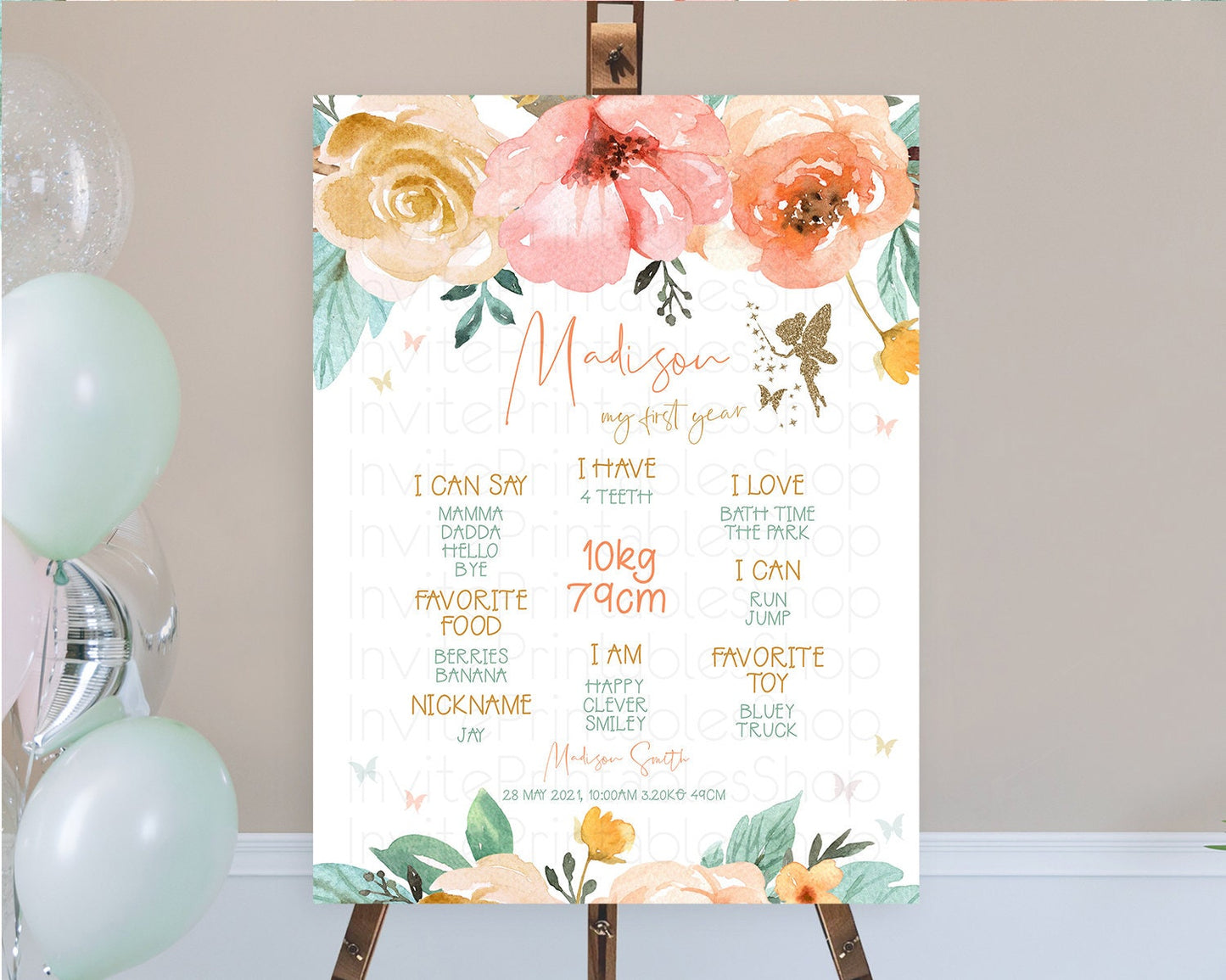 Fairy First Birthday Milestone Poster Fairy Secret Garden Milestone Board Enchanted Garden Pastel Floral Butterfly 1st Birthday Sign D10346