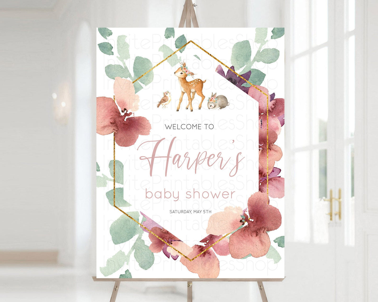 Fawn Baby Shower Welcome Sign Deer Welcome Board Floral Deer Welcome Poster Enchanted Forest Butterfly Pastel Floral Welcome Sign D10913