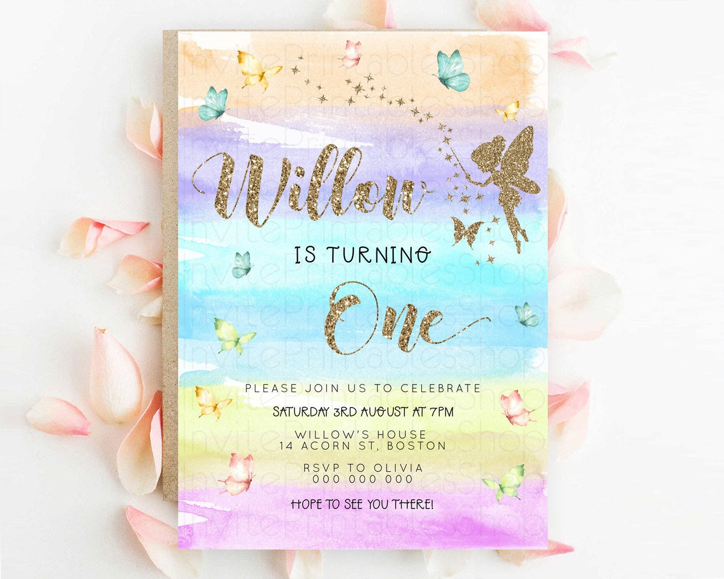 Pastel Fairy Birthday Invitation Pastel Butterflies Fairy Birthday Invitation Rainbow Ombre Watercolor 1st 2nd Birthday Invitation D23318